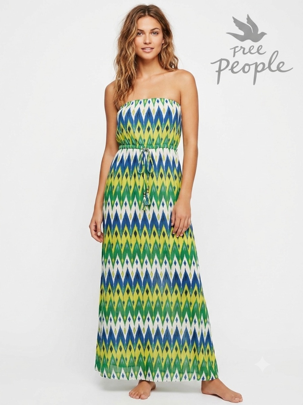 Free People Vintage Y2K Boho Ikat Strapless Maxi Dress size xs
